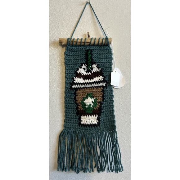 handmade crochet Starbucks wall hanging iced coffee Frappuccino Retro Boho NEW - Picture 2 of 7